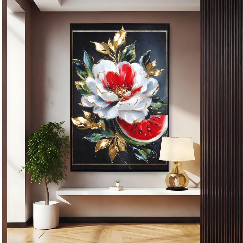Tablou canvas cu tablou canvas cu floare si pepene, in rama de aluminiu negru